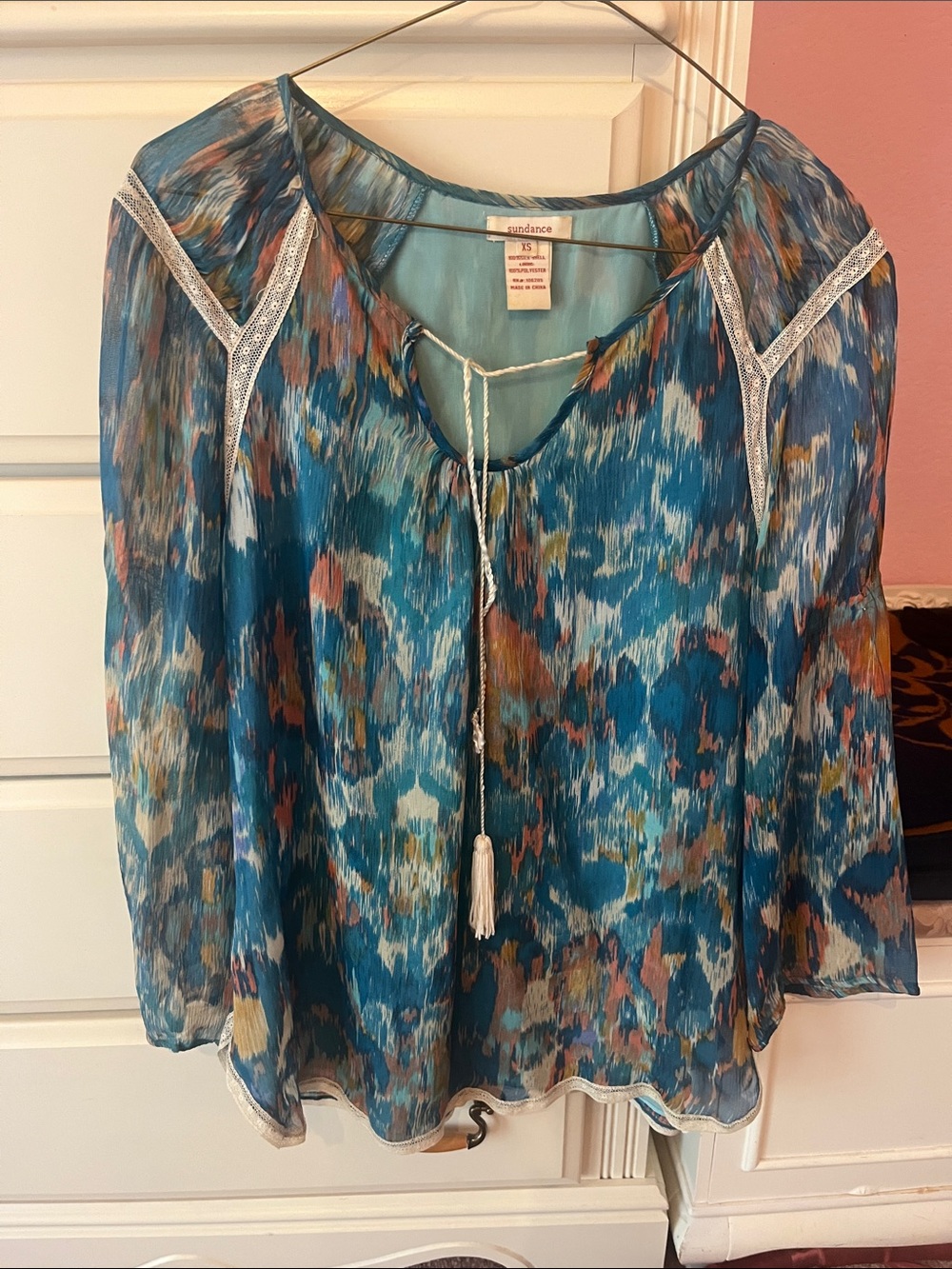 Sundance Silk teal/turquoise/rust Blouse XS